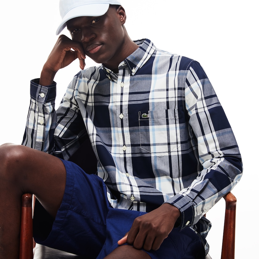 Men's Lacoste Navy Blue / White Shirts Slim Fit Cotton Poplin DE8-27252W6