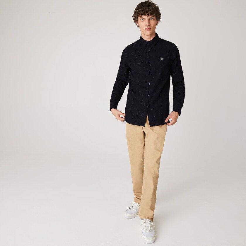 Men's Lacoste Navy Blue / White Shirts Slim Fit Flamed Cotton JX8-67846Q0