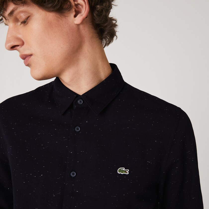 Men's Lacoste Navy Blue / White Shirts Slim Fit Flamed Cotton JX8-67846Q0