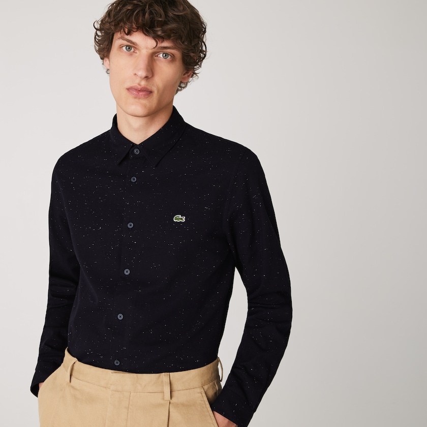 Men's Lacoste Navy Blue / White Shirts Slim Fit Flamed Cotton JX8-67846Q0