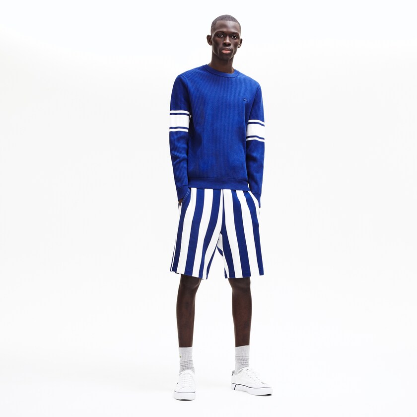 Men's Lacoste Navy Blue / White Sweaters Striped Sleeves Cotton And Linen Blend Crew Neck TR9-50945N3