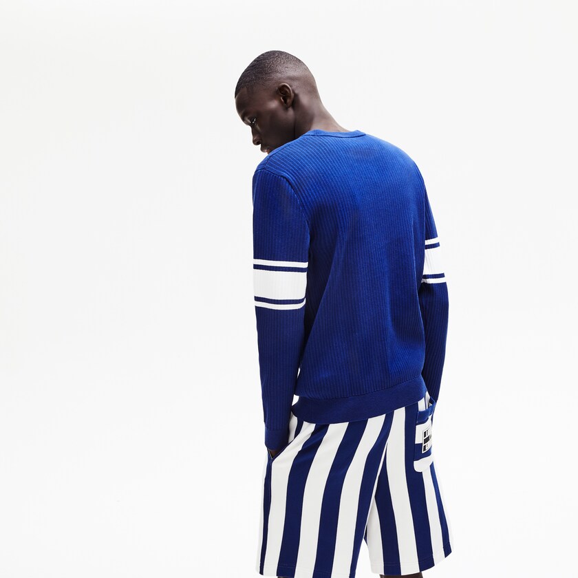 Men's Lacoste Navy Blue / White Sweaters Striped Sleeves Cotton And Linen Blend Crew Neck TR9-50945N3