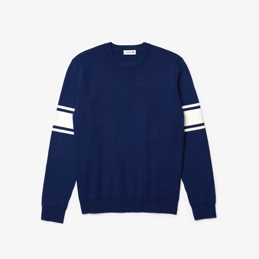 Men's Lacoste Navy Blue / White Sweaters Striped Sleeves Cotton And Linen Blend Crew Neck TR9-50945N3