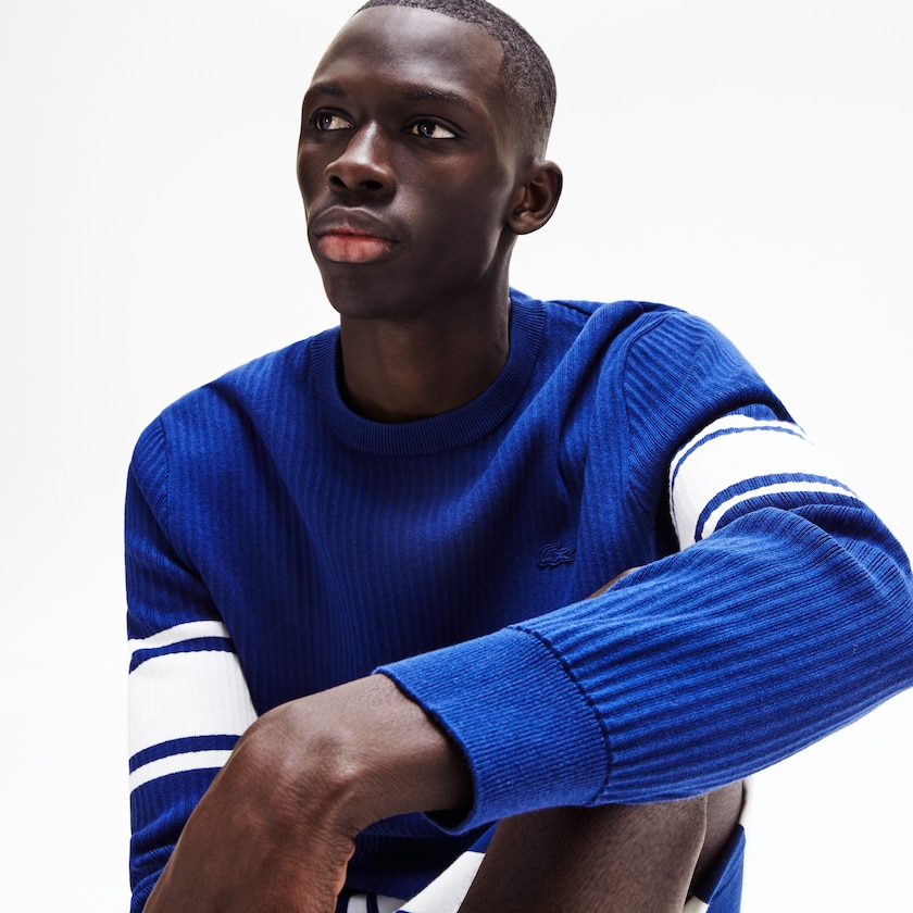 Men's Lacoste Navy Blue / White Sweaters Striped Sleeves Cotton And Linen Blend Crew Neck TR9-50945N3