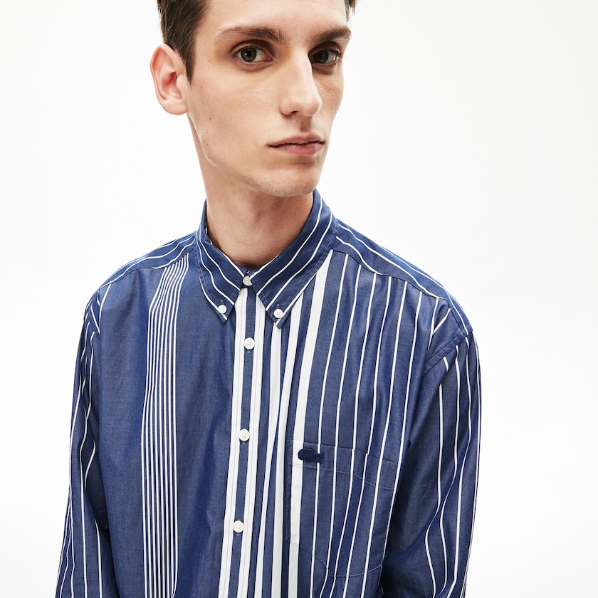 Men's Lacoste Navy Blue / White Shirts Variegated-Stripe Relaxed Cotton KK3-09280U0