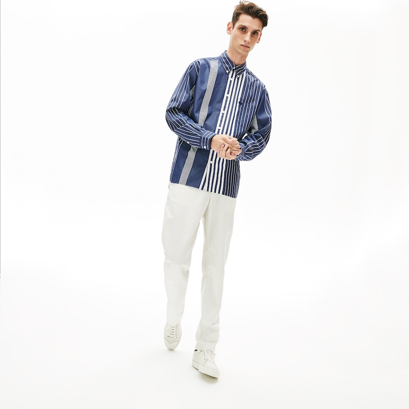 Men's Lacoste Navy Blue / White Shirts Variegated-Stripe Relaxed Cotton KK3-09280U0