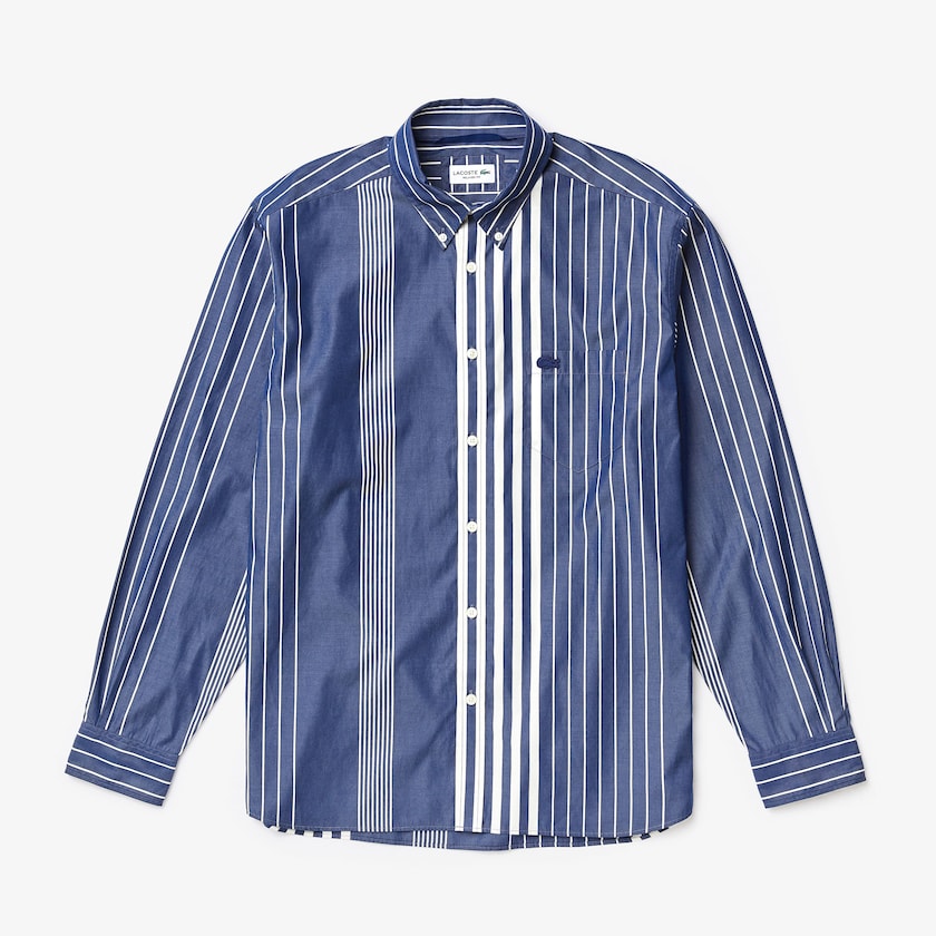 Men's Lacoste Navy Blue / White Shirts Variegated-Stripe Relaxed Cotton KK3-09280U0