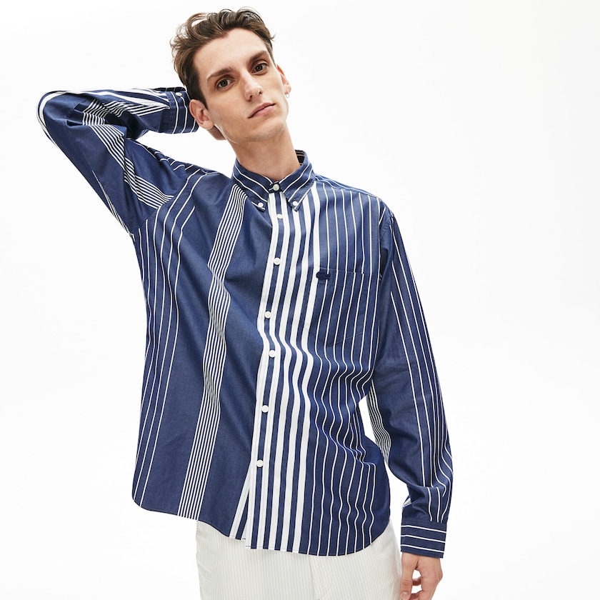 Men's Lacoste Navy Blue / White Shirts Variegated-Stripe Relaxed Cotton KK3-09280U0
