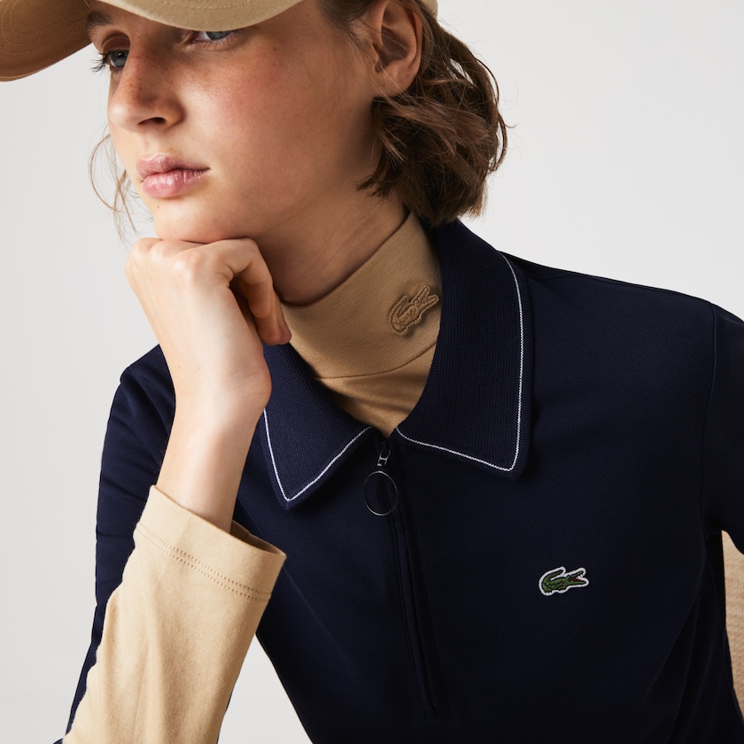 Women's Lacoste Navy Blue / White Polo Dress Zippered Short Stretch Cotton Piqué ZM1-88598I3