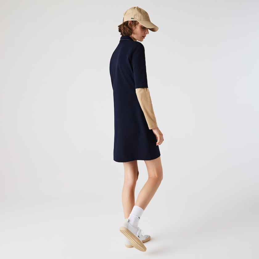 Women's Lacoste Navy Blue / White Polo Dress Zippered Short Stretch Cotton Piqué ZM1-88598I3