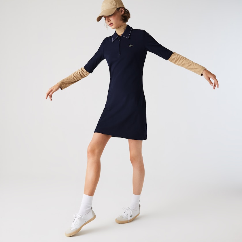 Women's Lacoste Navy Blue / White Polo Dress Zippered Short Stretch Cotton Piqué ZM1-88598I3