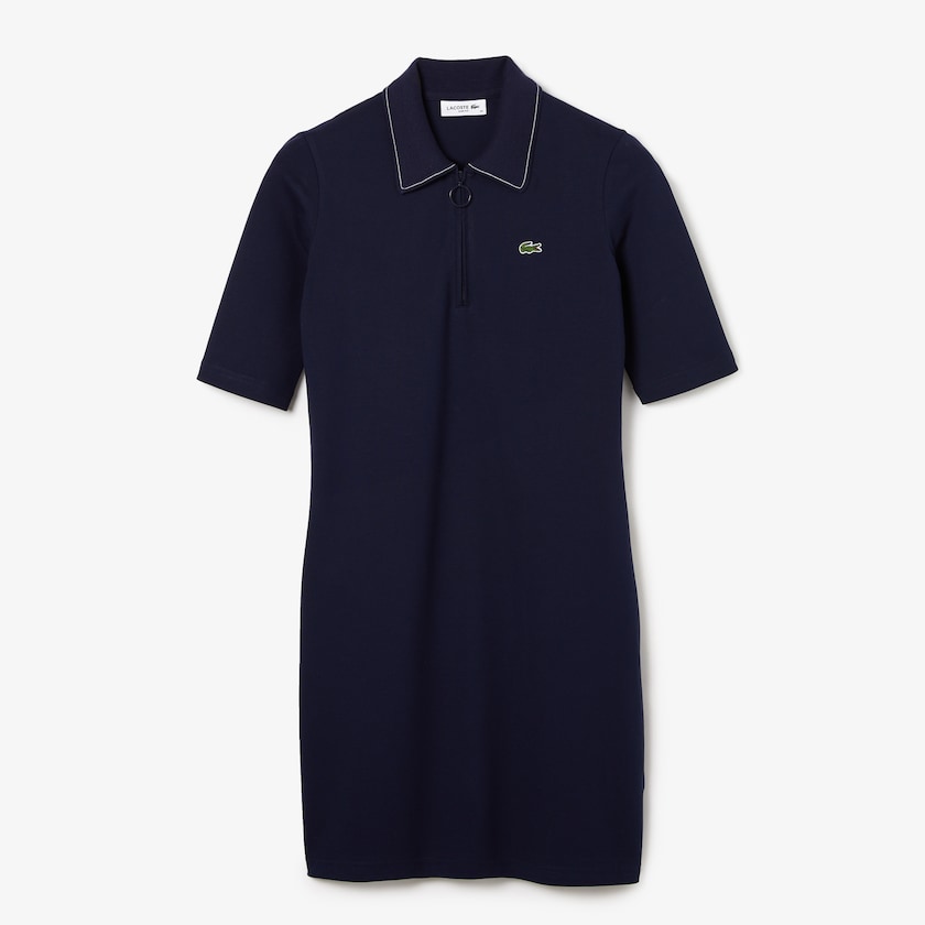 Women's Lacoste Navy Blue / White Polo Dress Zippered Short Stretch Cotton Piqué ZM1-88598I3