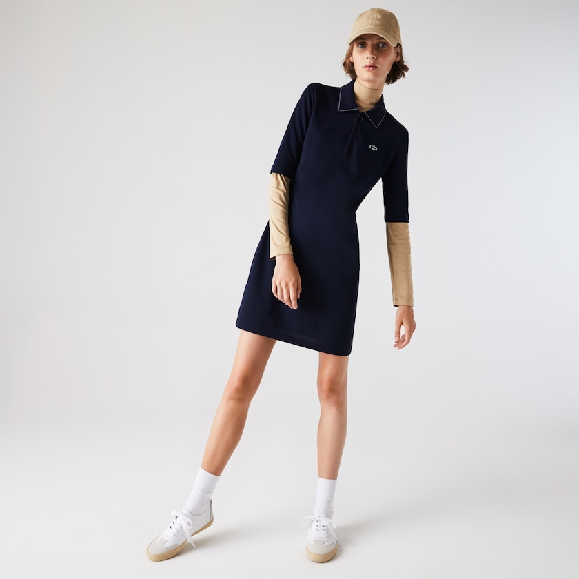 Women's Lacoste Navy Blue / White Polo Dress Zippered Short Stretch Cotton Piqué ZM1-88598I3