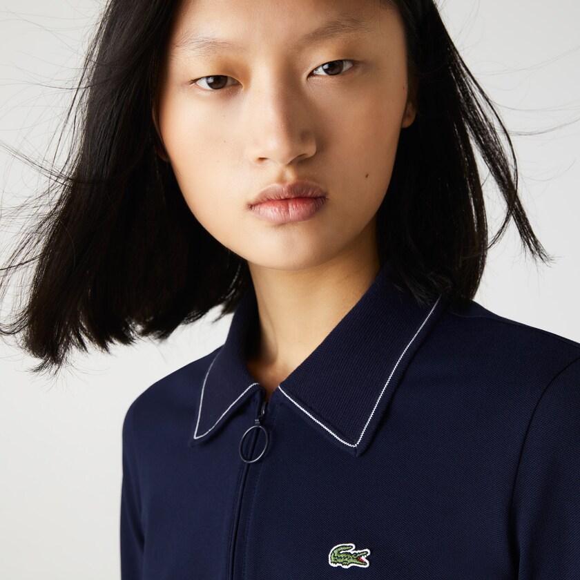 Women's Lacoste Navy Blue / White Polo Shirts Zippered Slim Fit Cotton Piqué SR5-04230C0