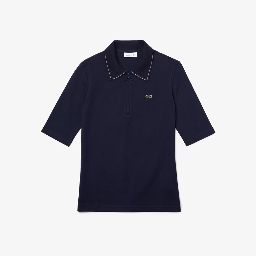 Women's Lacoste Navy Blue / White Polo Shirts Zippered Slim Fit Cotton Piqué SR5-04230C0