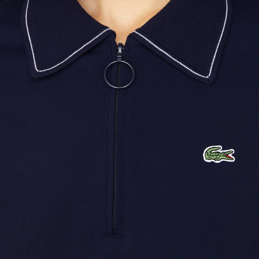 Women's Lacoste Navy Blue / White Polo Shirts Zippered Slim Fit Cotton Piqué SR5-04230C0