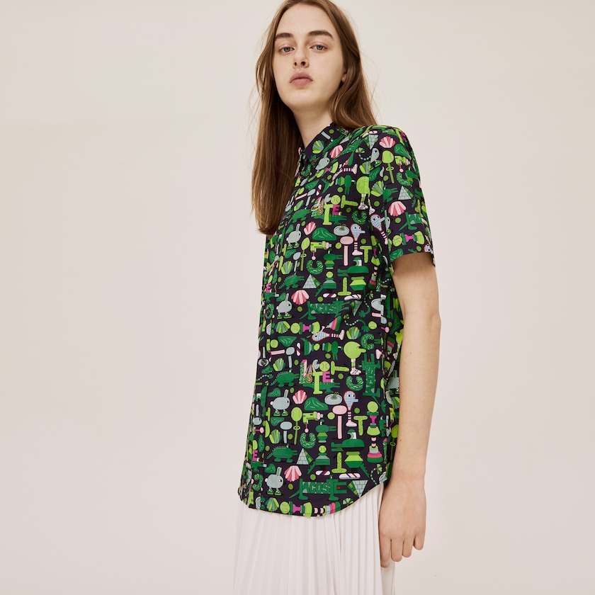 Women's Lacoste Navy Blue / White Shirts x Jeremyville Regular Fit Cotton GA0-62546Q8