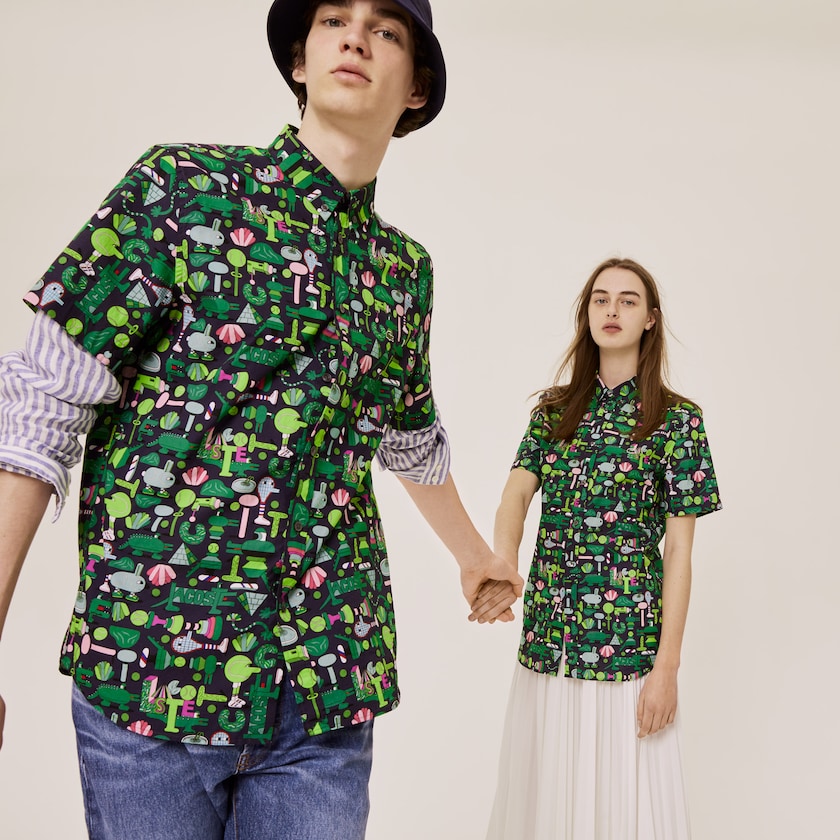 Women's Lacoste Navy Blue / White Shirts x Jeremyville Regular Fit Cotton GA0-62546Q8