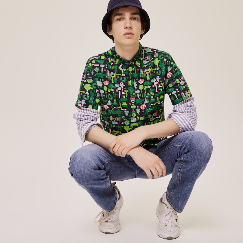 Men's Lacoste Navy Blue / White Shirts x Jeremyville Regular Fit Cotton RL2-80668K6