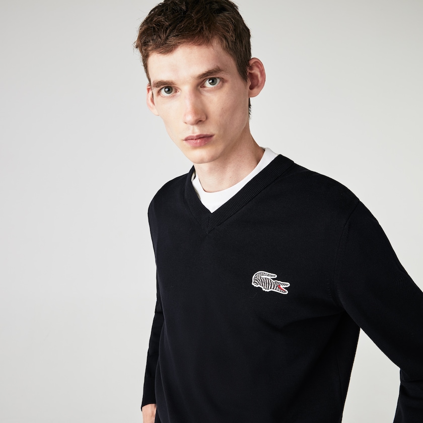 Men's Lacoste Navy Blue / White Sweaters x National Geographic V-neck Cotton LT2-74167Y1