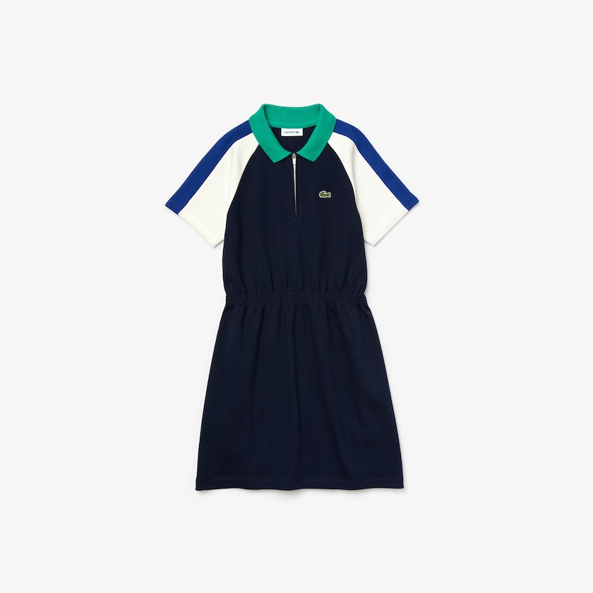 Kids' Lacoste Navy Blue / White / Blue / Green Polo Dress Zippered Colorblock Cotton IZ1-87538A2