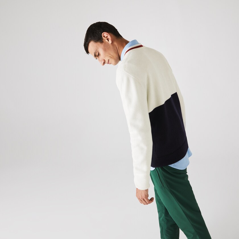 Men's Lacoste Navy Blue / White / Dark Red Sweaters Made in France Two-Tone Wool V-Neck HU8-64956A8
