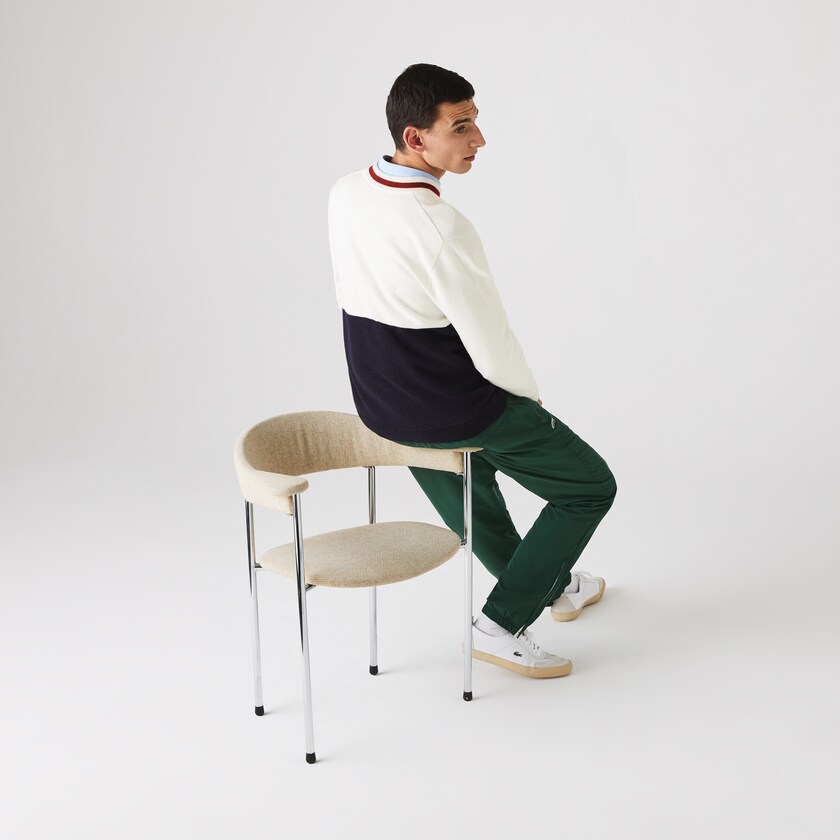 Men's Lacoste Navy Blue / White / Dark Red Sweaters Made in France Two-Tone Wool V-Neck HU8-64956A8