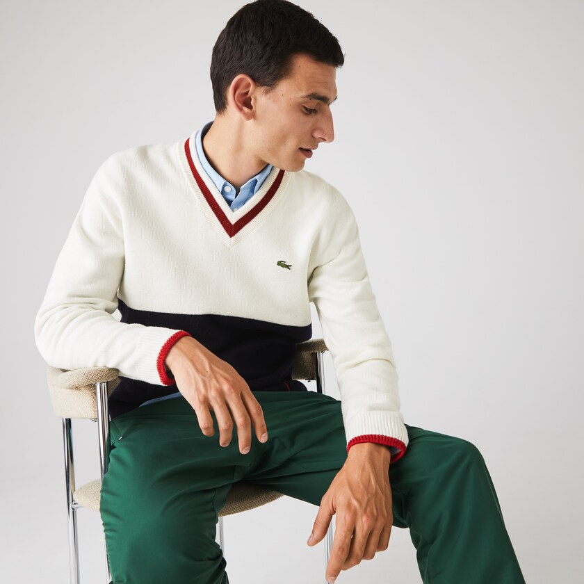 Men's Lacoste Navy Blue / White / Dark Red Sweaters Made in France Two-Tone Wool V-Neck HU8-64956A8