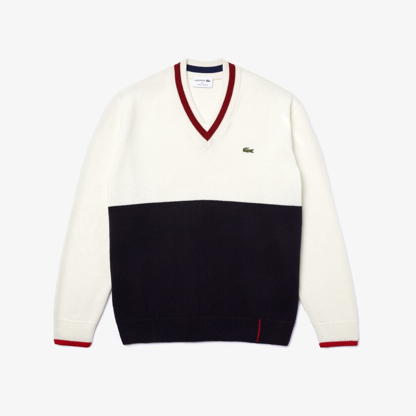Men's Lacoste Navy Blue / White / Dark Red Sweaters Made in France Two-Tone Wool V-Neck HU8-64956A8