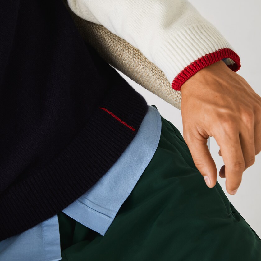 Men's Lacoste Navy Blue / White / Dark Red Sweaters Made in France Two-Tone Wool V-Neck HU8-64956A8
