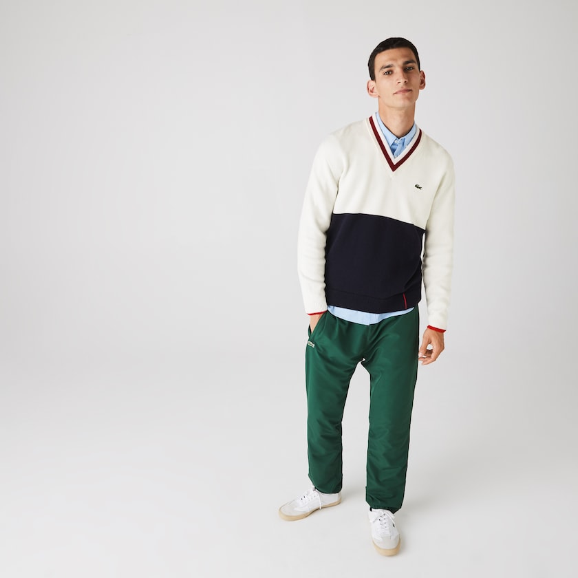 Men's Lacoste Navy Blue / White / Dark Red Sweaters Made in France Two-Tone Wool V-Neck HU8-64956A8
