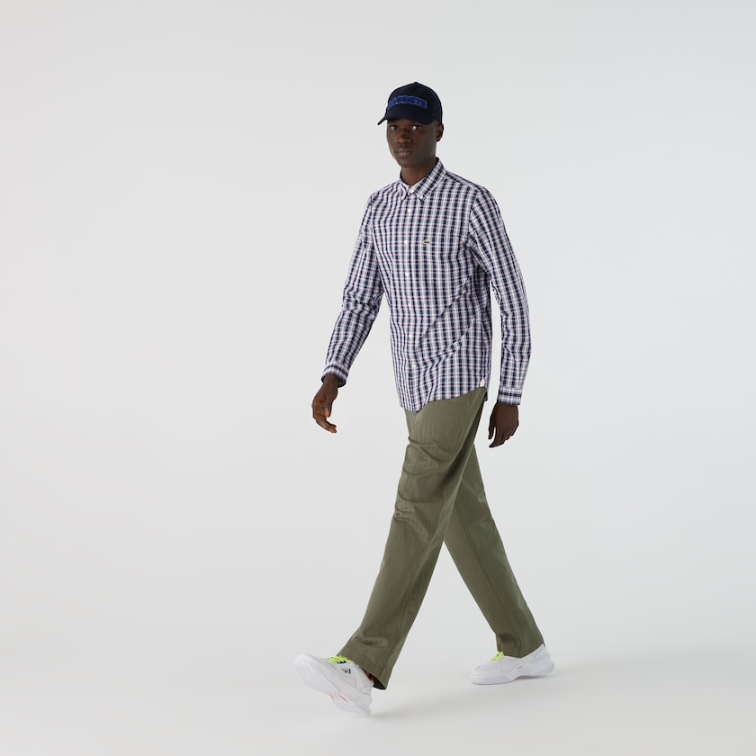 Men's Lacoste Navy Blue / White / Green Shirts Regular Fit Checked Cotton Poplin QK2-25422B5