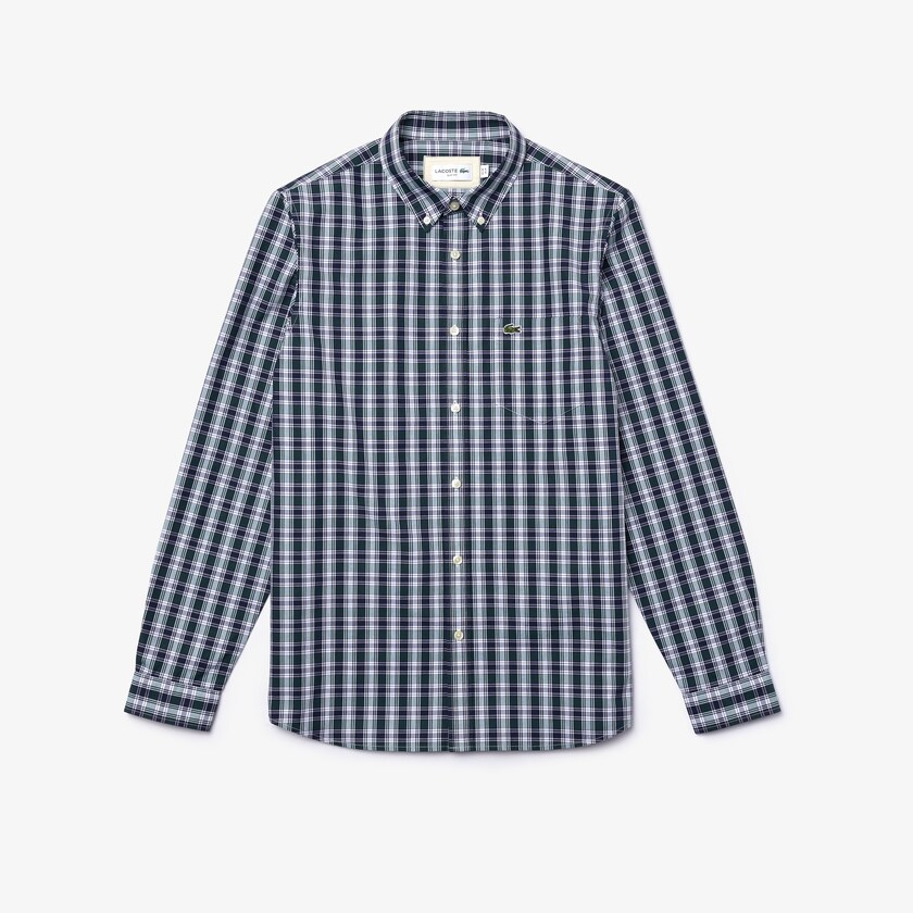 Men's Lacoste Navy Blue / White / Green Shirts Regular Fit Checked Cotton Poplin QK2-25422B5