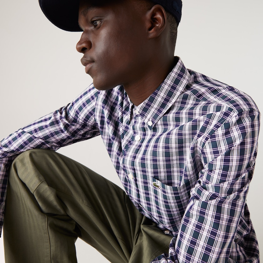 Men's Lacoste Navy Blue / White / Green Shirts Regular Fit Checked Cotton Poplin QK2-25422B5