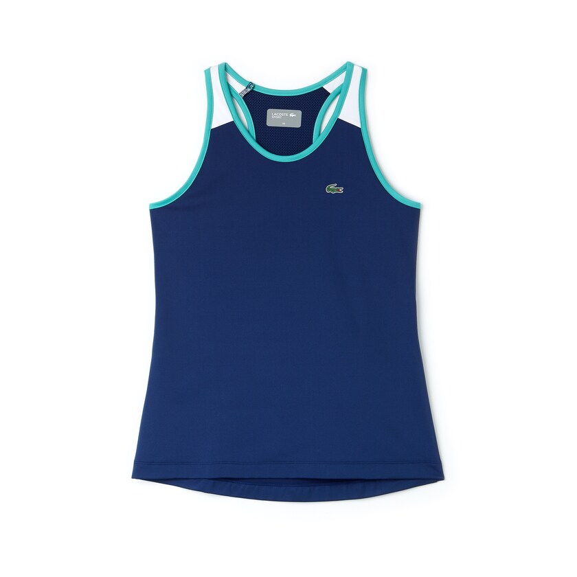 Women's Lacoste Navy Blue / White / Green T Shirts SPORT Stretch Jersey Racerback Tennis Tank Top CC2-37433O1