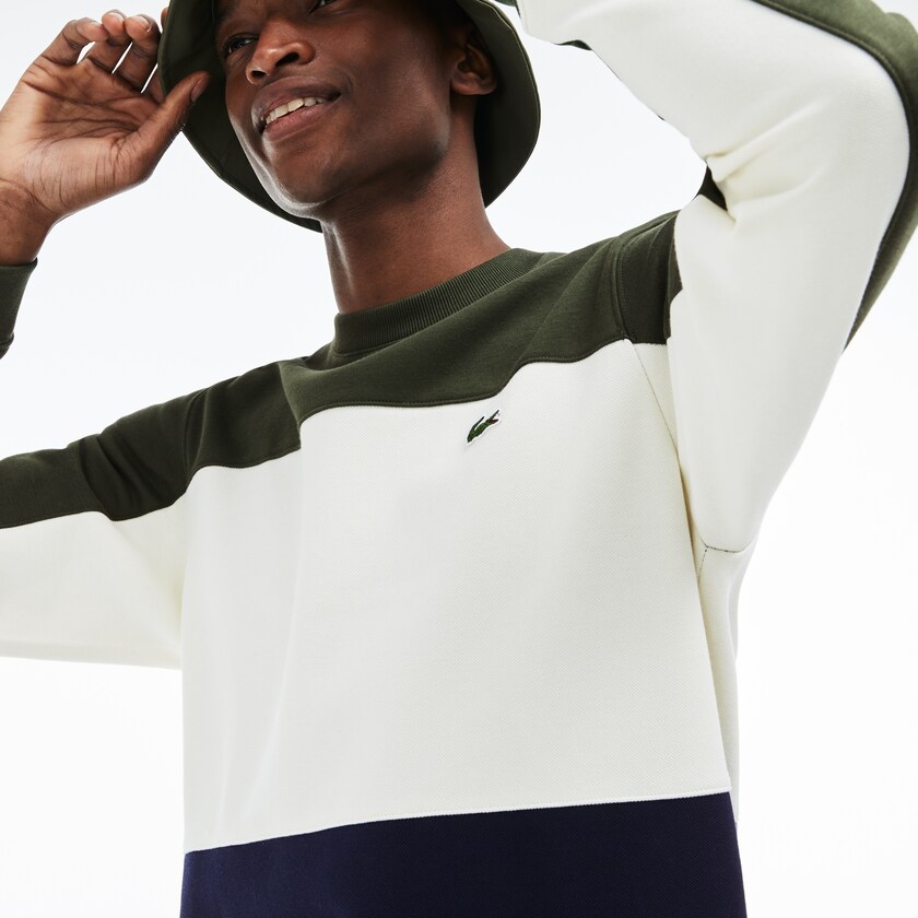 Men's Lacoste Navy Blue / White / Khaki Green Sweatshirts Crew Neck Colorblock Piqué Fleece AR9-43754I7