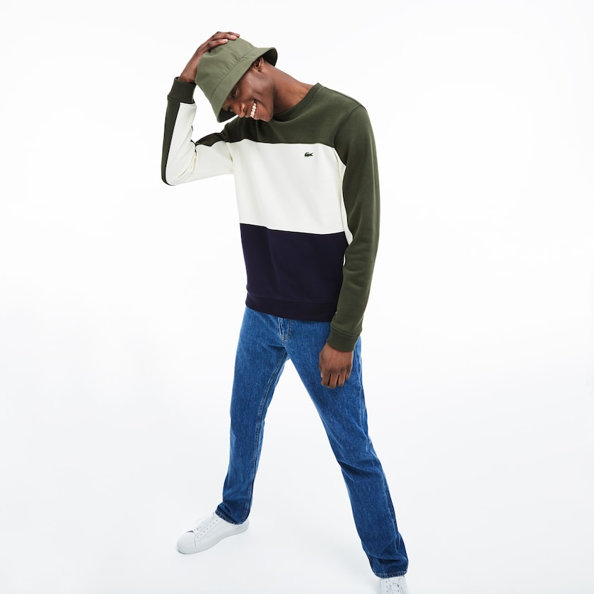 Men's Lacoste Navy Blue / White / Khaki Green Sweatshirts Crew Neck Colorblock Piqué Fleece AR9-43754I7