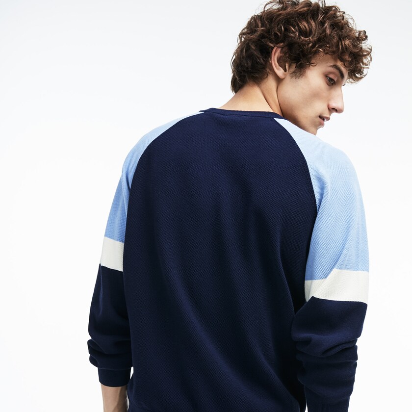 Men's Lacoste Navy Blue / White / Light Blue Sweaters Crew Neck Raglan Sleeved GI2-94199M7