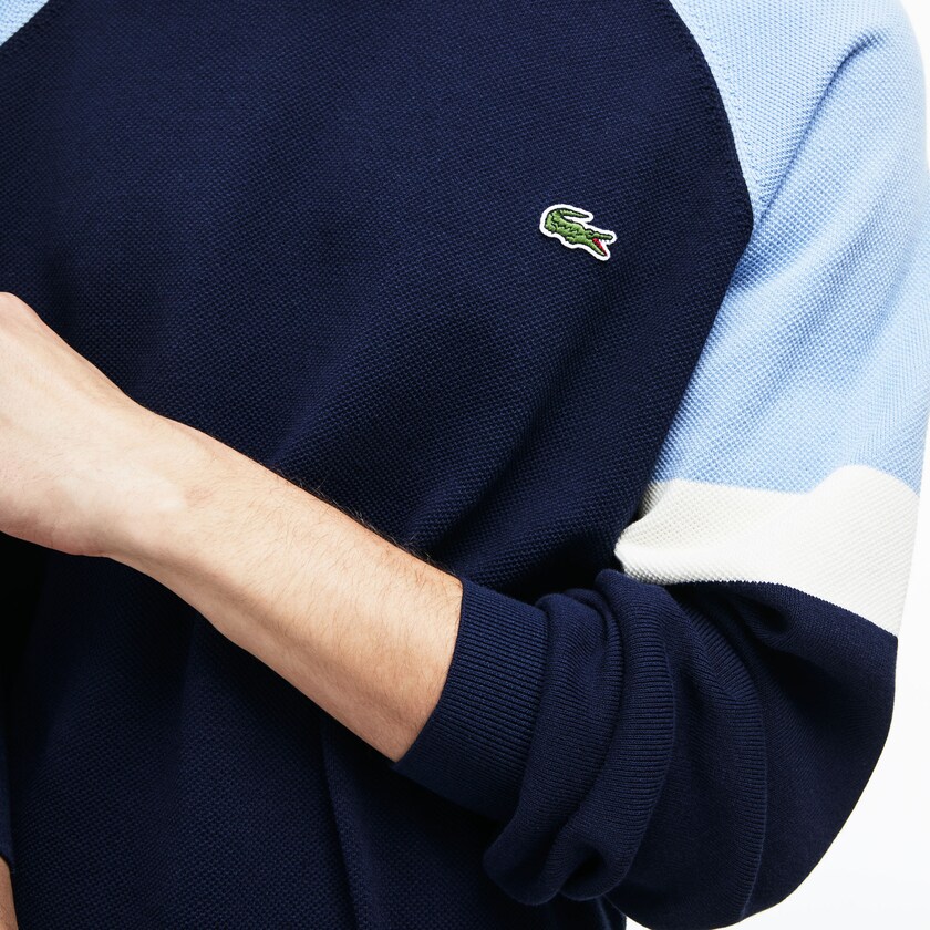 Men's Lacoste Navy Blue / White / Light Blue Sweaters Crew Neck Raglan Sleeved GI2-94199M7