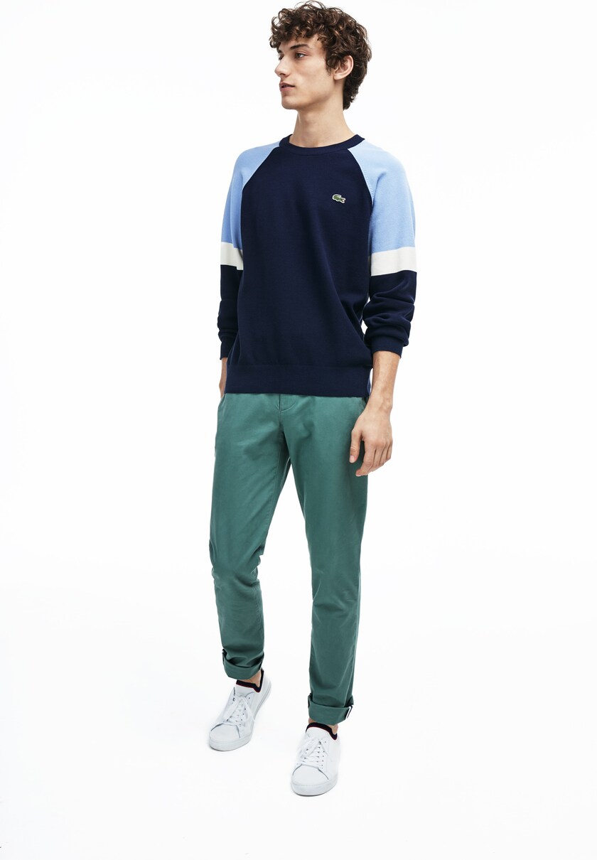 Men's Lacoste Navy Blue / White / Light Blue Sweaters Crew Neck Raglan Sleeved GI2-94199M7