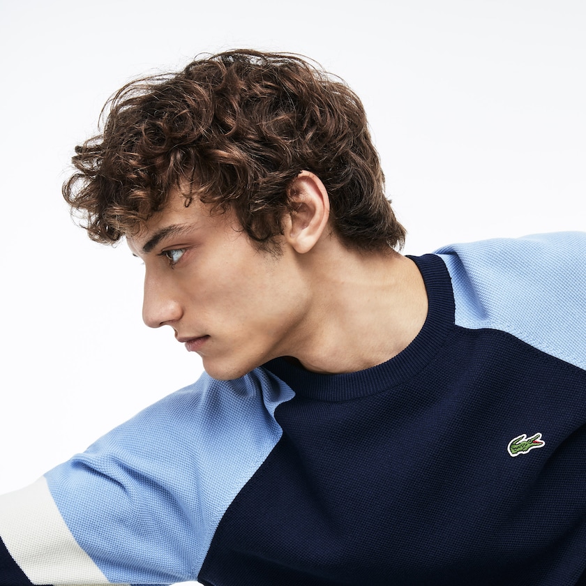 Men's Lacoste Navy Blue / White / Light Blue Sweaters Crew Neck Raglan Sleeved GI2-94199M7