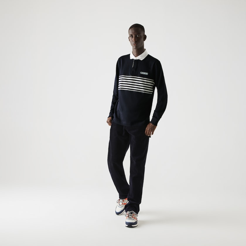 Men's Lacoste Navy Blue / White / Navy Blue Shirts Héritage Striped Thick Cotton Rugby Polo HA7-24742V0