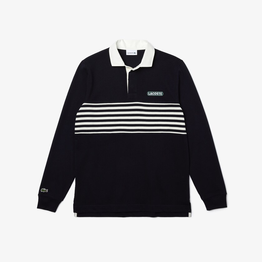 Men's Lacoste Navy Blue / White / Navy Blue Shirts Héritage Striped Thick Cotton Rugby Polo HA7-24742V0