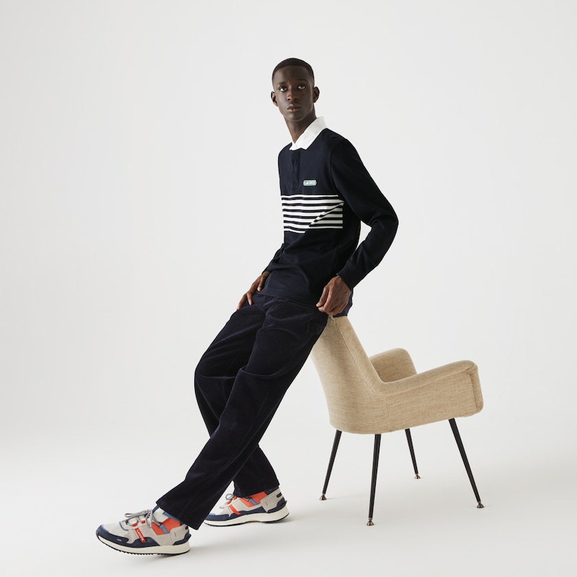 Men's Lacoste Navy Blue / White / Navy Blue Shirts Héritage Striped Thick Cotton Rugby Polo HA7-24742V0