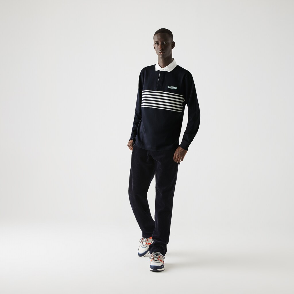 Men's Lacoste Navy Blue / White / Navy Blue Polo Shirts Héritage Striped Thick Cotton Rugby JX3-39663A5