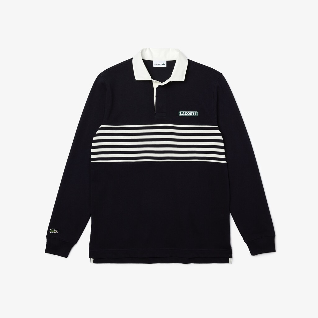 Men's Lacoste Navy Blue / White / Navy Blue Polo Shirts Héritage Striped Thick Cotton Rugby JX3-39663A5