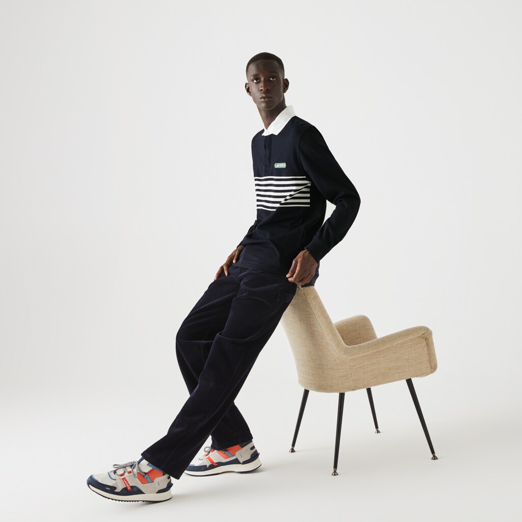 Men's Lacoste Navy Blue / White / Navy Blue Polo Shirts Héritage Striped Thick Cotton Rugby JX3-39663A5