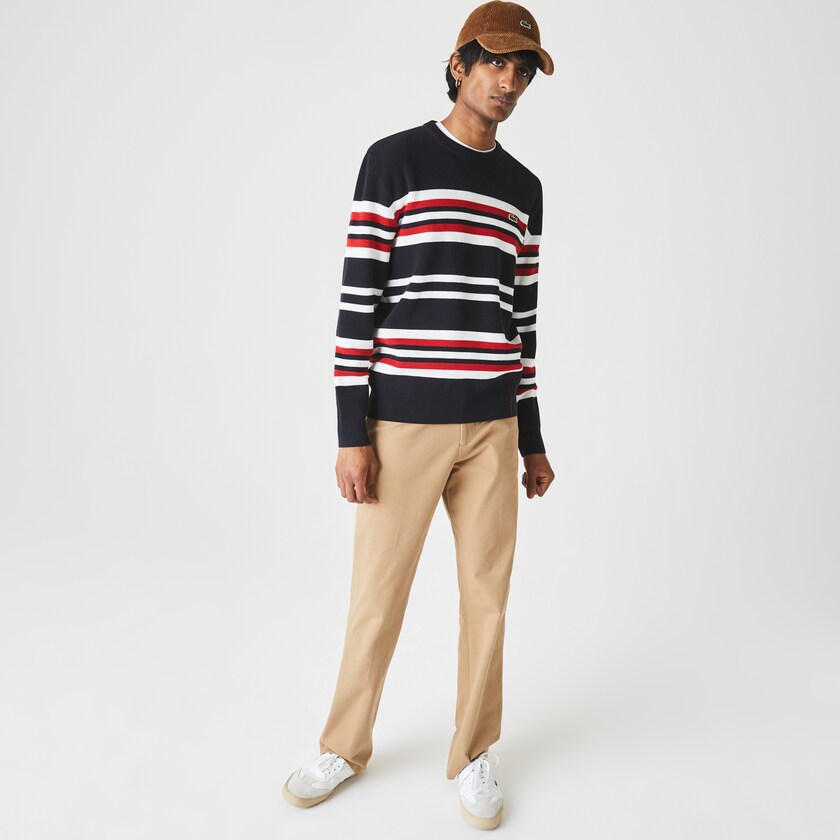 Men's Lacoste Navy Blue / White / Red Sweaters Made in France Striped Organic Cotton Crew Neck PV6-68176W5