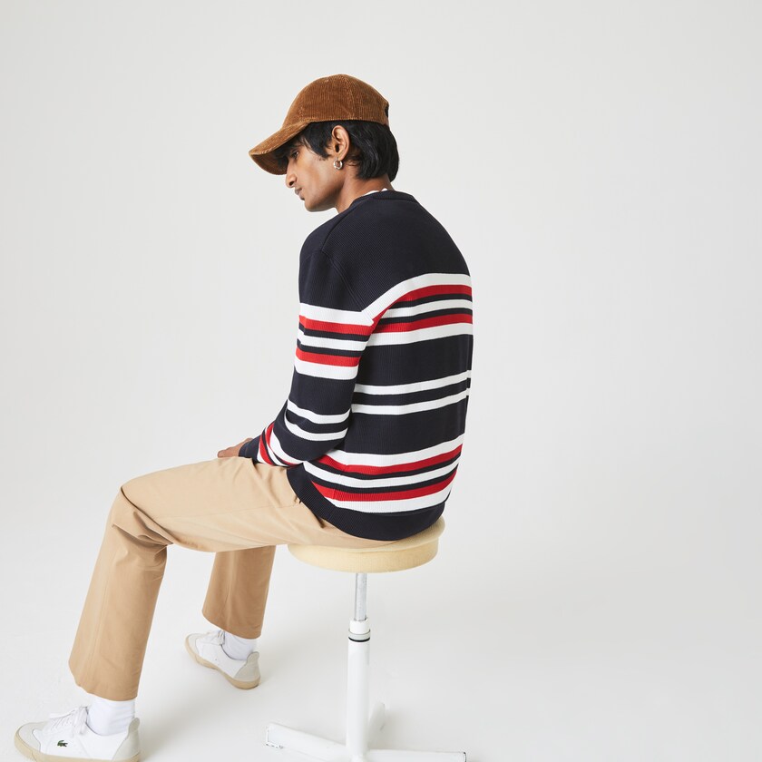 Men's Lacoste Navy Blue / White / Red Sweaters Made in France Striped Organic Cotton Crew Neck PV6-68176W5