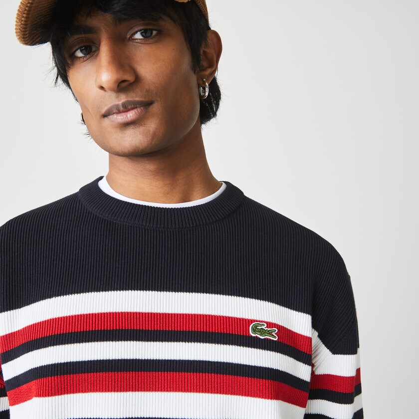 Men's Lacoste Navy Blue / White / Red Sweaters Made in France Striped Organic Cotton Crew Neck PV6-68176W5